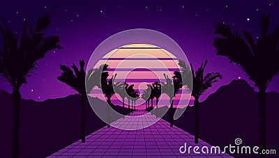 Retro futuristic tropical road with mountains, sunset and palm trees. Retrowave and synthwave style illustration of road, sun Vector Illustration